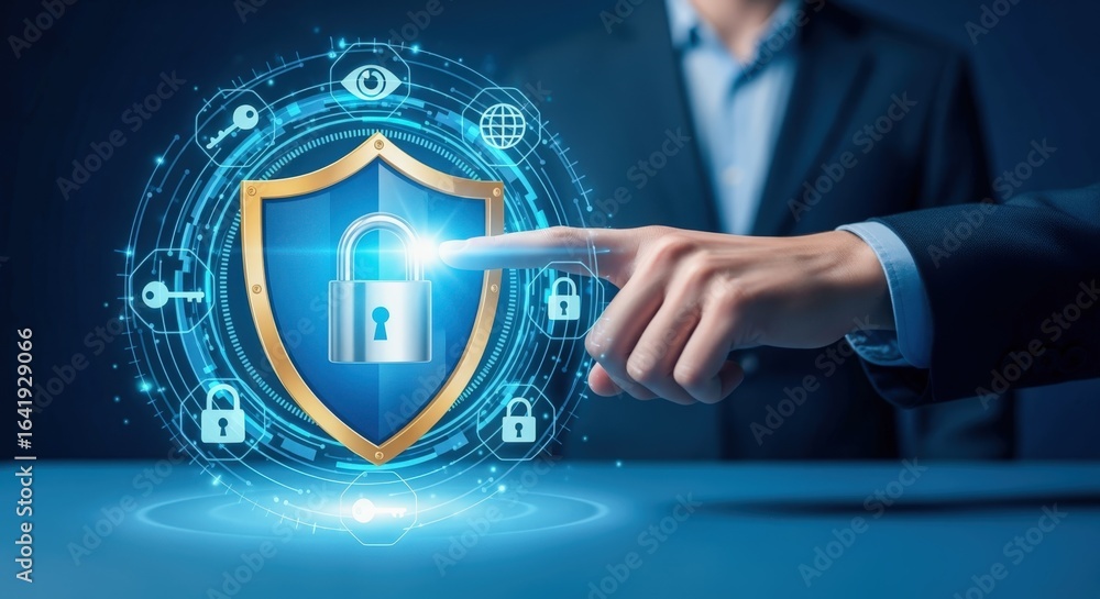 Poster cybersecurity expert activating digital shield with lock symbol, demonstrating network safety and da