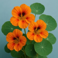 Vibrant orange nasturtium flowers with round green leaves on a blue background