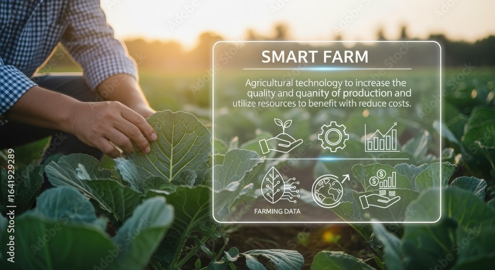 Poster precision agriculture concept: farmer inspecting crops with smart farm technology overlay for effici