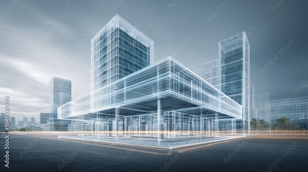 Poster abstract architectural blueprint visualization of a modern building complex on an urban landscape