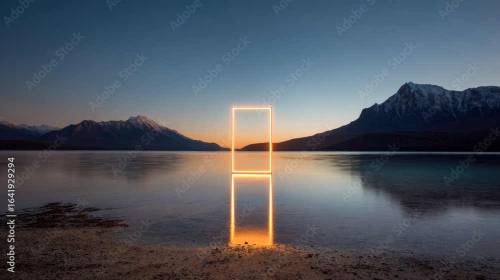 Poster abstract glowing rectangle on water surface reflecting light at dusk with mountain backdrop