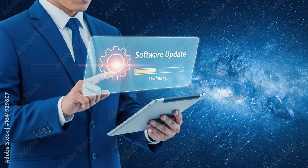 Poster software update installation on digital tablet by businessman with futuristic interface technology
