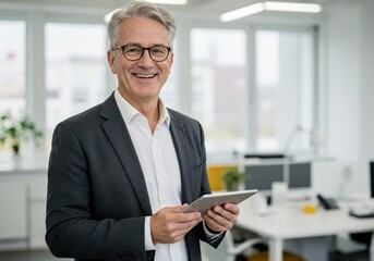 Fototapeta premium Smiling businessman in suit holding a tablet in modern office