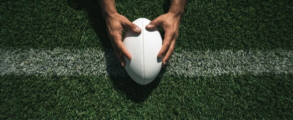 The hands positioning a rugby ball on the green field for play.