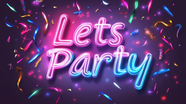 Colorful neon text saying "Let's Party" with confetti, creating a festive atmosphere.