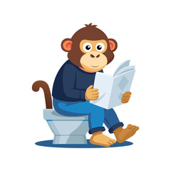 Funny cartoon monkey sitting on a toilet reading newspaper, quirky bathroom humor vector illustration, perfect for comedy, gag art, and decor