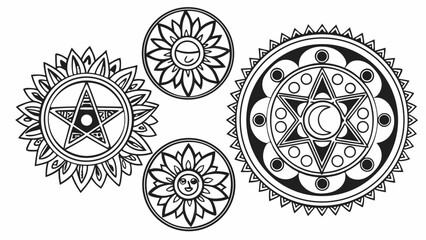 Mystical magic symbols set sun moon stars pentagram Spiritual esoteric celestial line art vector illustration design