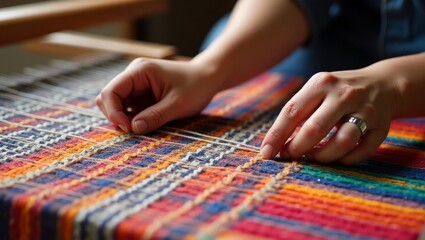 Artisan Hand Weaving Vibrant Multicolored Fabric – Traditional Textile Craftwork Close-Up