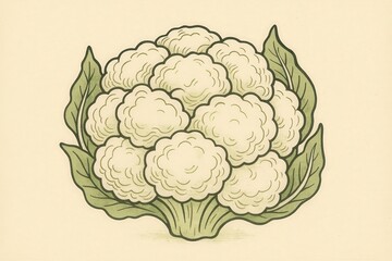 Cauliflower Head with Leaves – Organic Contour Lines and Soft Off-White Fill with Green Hints