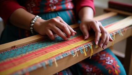 Artisan Hand Weaving Vibrant Multicolored Fabric – Traditional Textile Craftwork Close-Up