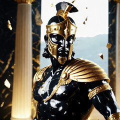 Epic Black and Gold Armored Greek God Warrior Statue with Ornate Helmet and Decorative Battle Armor for Luxury Art Displays, Mythological Branding, and High-End Fantasy Collectibles, Stoic