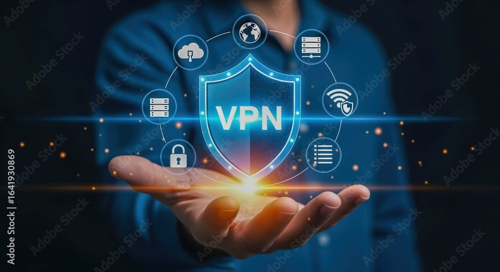 Poster digital security visualization: man presenting vpn shield icon with network infrastructure and cyber