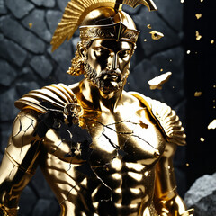 Epic Black and Gold Armored Greek God Warrior Statue with Ornate Helmet and Decorative Battle Armor for Luxury Art Displays, Mythological Branding, and High-End Fantasy Collectibles, Stoic