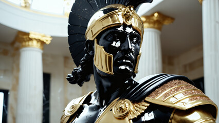 Epic Black and Gold Armored Greek God Warrior Statue with Ornate Helmet and Decorative Battle Armor for Luxury Art Displays, Mythological Branding, and High-End Fantasy Collectibles, Stoic