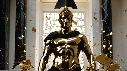Epic Black and Gold Armored Greek God Warrior Statue with Ornate Helmet and Decorative Battle Armor for Luxury Art Displays, Mythological Branding, and High-End Fantasy Collectibles, Stoic