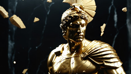 Epic Black and Gold Armored Greek God Warrior Statue with Ornate Helmet and Decorative Battle Armor for Luxury Art Displays, Mythological Branding, and High-End Fantasy Collectibles, Stoic