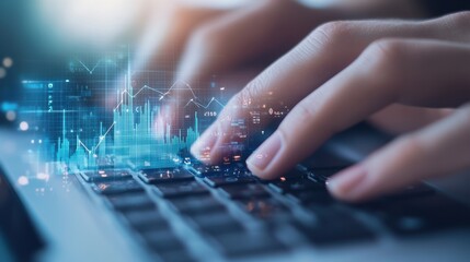 Closeup of hands typing on a laptop keyboard with glowing digital data and network visualization overlay