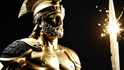 Epic Black and Gold Armored Greek God Warrior Statue with Ornate Helmet and Decorative Battle Armor for Luxury Art Displays, Mythological Branding, and High-End Fantasy Collectibles, Stoic