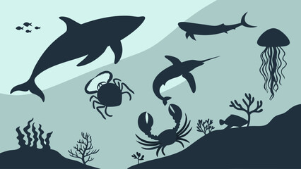 Fototapeta premium Marine life silhouettes vector illustration. Underwater ocean animals background. Sea creatures dolphin whale shark jellyfish crab.