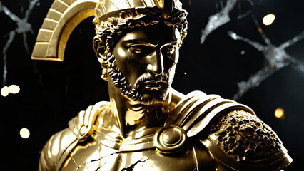 Epic Black and Gold Armored Greek God Warrior Statue with Ornate Helmet and Decorative Battle Armor for Luxury Art Displays, Mythological Branding, and High-End Fantasy Collectibles, Stoic
