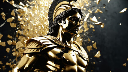 Epic Black and Gold Armored Greek God Warrior Statue with Ornate Helmet and Decorative Battle Armor for Luxury Art Displays, Mythological Branding, and High-End Fantasy Collectibles, Stoic