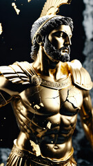 Epic Black and Gold Armored Greek God Warrior Statue with Ornate Helmet and Decorative Battle Armor for Luxury Art Displays, Mythological Branding, and High-End Fantasy Collectibles, Stoic
