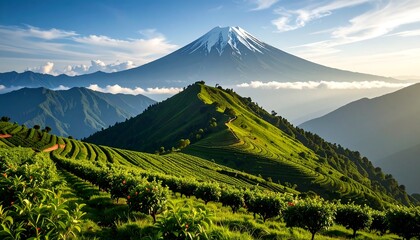 Lush tea fields ascend to a snow-capped mountain