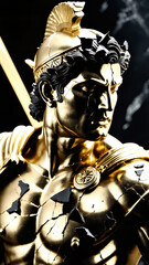 Epic Black and Gold Armored Greek God Warrior Statue with Ornate Helmet and Decorative Battle Armor for Luxury Art Displays, Mythological Branding, and High-End Fantasy Collectibles, Stoic