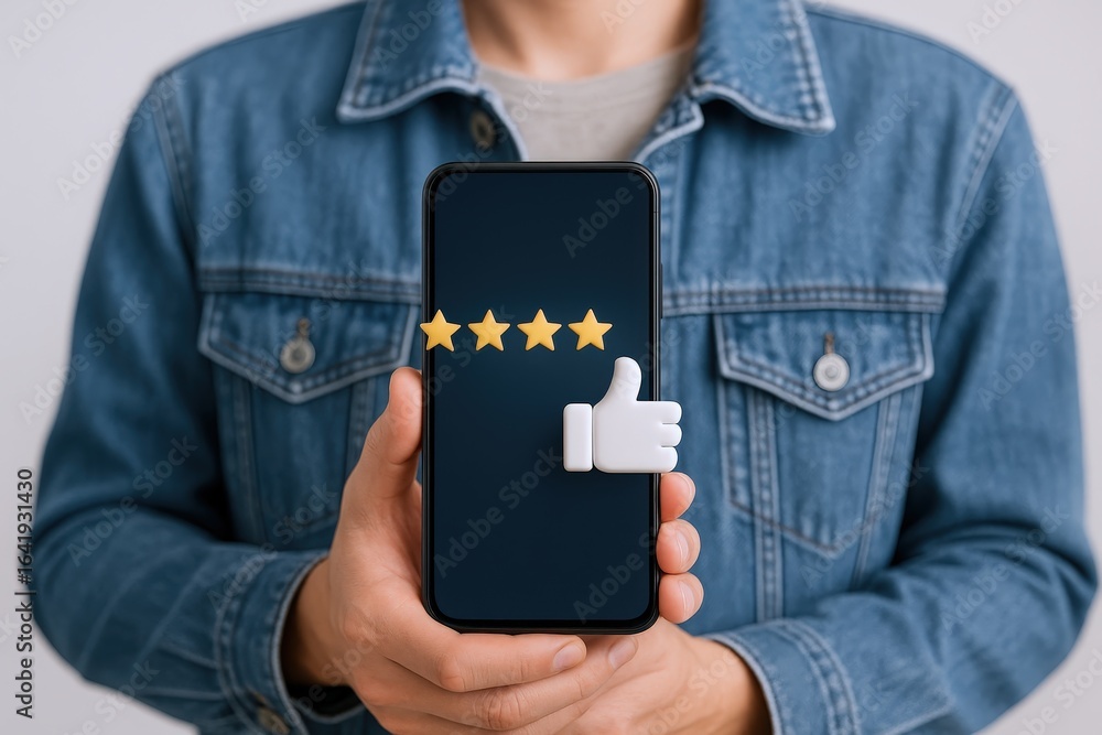 Poster customer satisfaction with mobile app showing five star rating and like button on phone screen