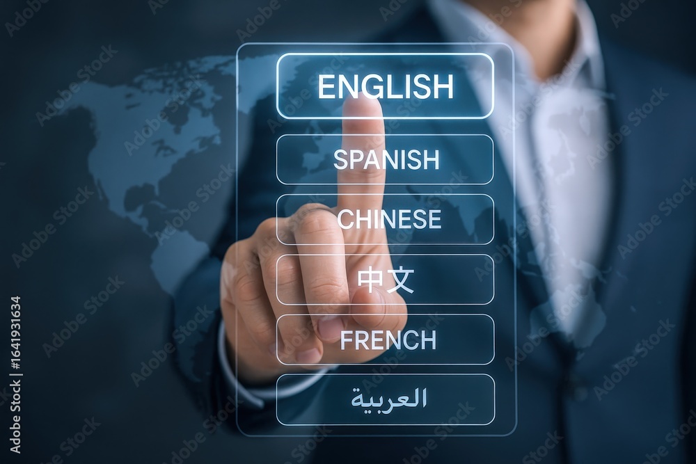 Aufkleber language selection interface with a person selecting english for global communication and multilingu