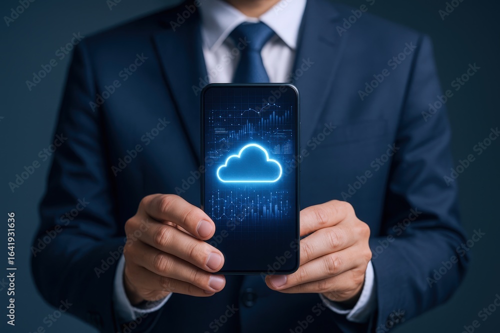 Poster businessman displaying cloud computing icon on smartphone screen, showcasing modern technology and d