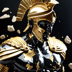 Epic Black and Gold Armored Greek God Warrior Statue with Ornate Helmet and Decorative Battle Armor for Luxury Art Displays, Mythological Branding, and High-End Fantasy Collectibles, Stoic
