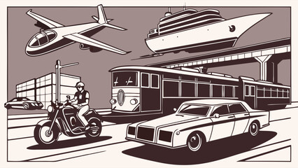 Various modes of transportation: car, train, airplane, ship, motorcycle. Travel, urban city life, and infrastructure.