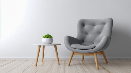 Fototapeta premium Modern Interior Design: Stylish Armchair and Side Table with Plant Against White Wall