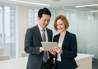 Diverse business professionals collaborating on a tablet in an office setting