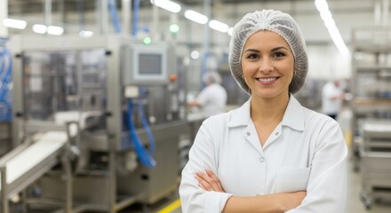 Smiling Woman in Food Production Factory Wearing Hairnet and White Coat