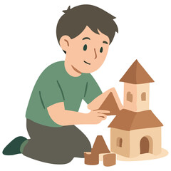 An illustration of a boy with short brown hair in a green shirt and dark pants building a castle...