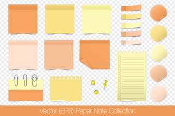 Realistic sticky paper note set, blank templates isolated on transparent background. Aesthetic orange paper mockup, post note stickers, sticky paper tapes, round stickers, paper clips and push pins