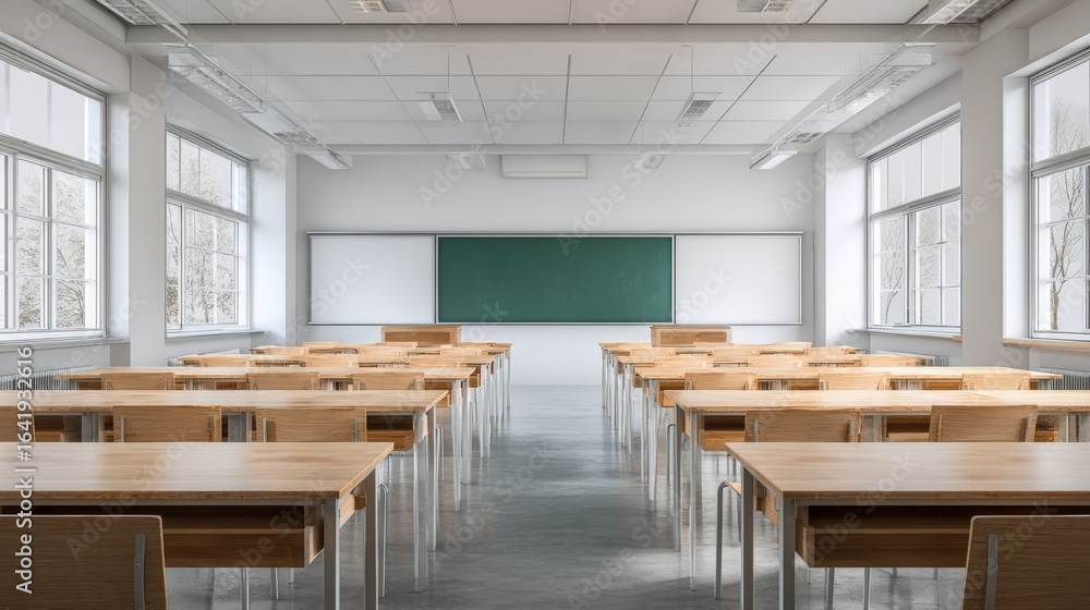 Poster bright empty classroom with desks and chalkboard ready for students and academic learning