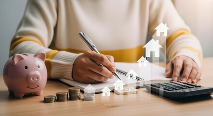 Home Investment Planning: Woman Calculates Mortgage Payments with Piggy Bank and House Icons Illustrating Growth