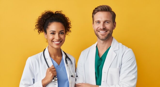 Portrait of a confident and diverse medical team. A smiling female and male doctor in lab coats stand together against a bright yellow background.