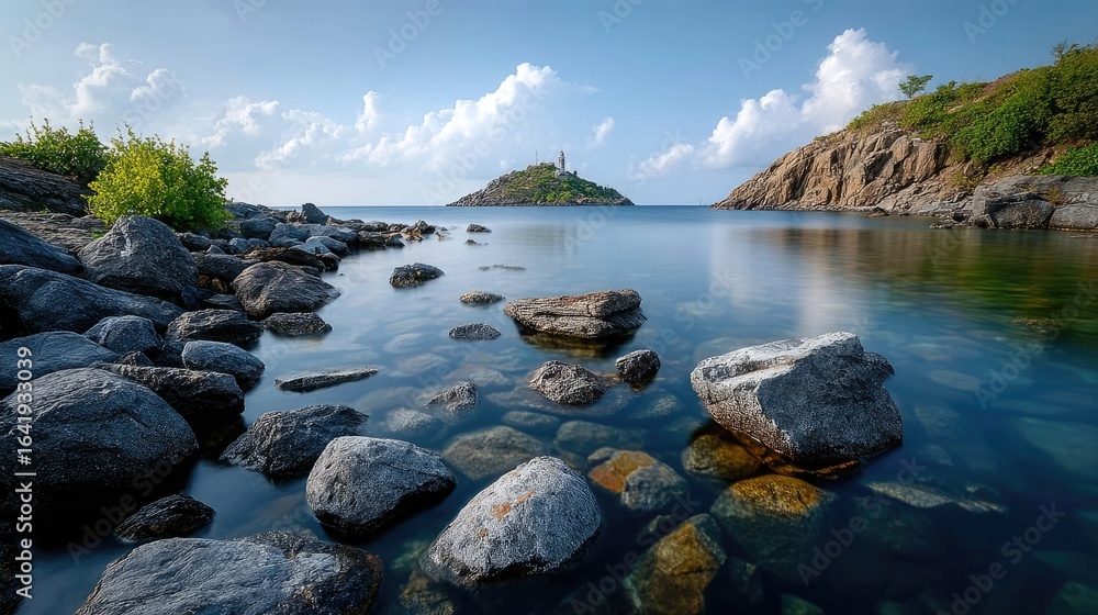 Poster a long exposure showcases a lighthouse with calm waters and rocky textures under a cloudy sky, creat