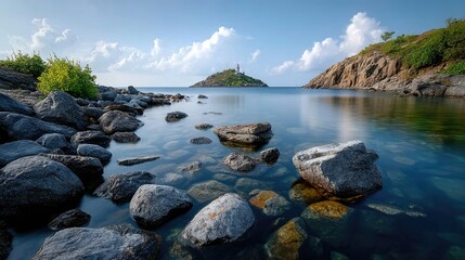 Obraz premium A long exposure showcases a lighthouse with calm waters and rocky textures under a cloudy sky, creating a tranquil atmosphere