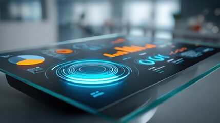 Interactive Digital Display Interface with Futuristic Holographic Graphics for Business Analytics and Data Visualization