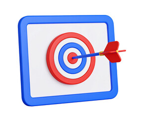 A red dart hits the bullseye of a target board, demonstrating achievement and precision