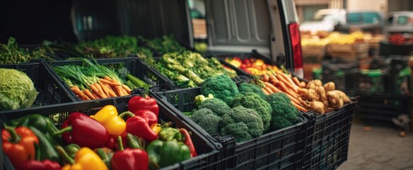 The vibrant display of fresh vegetables in a market truck.