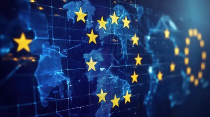 A digital world map overlayed with european union flag stars in a technological presentation