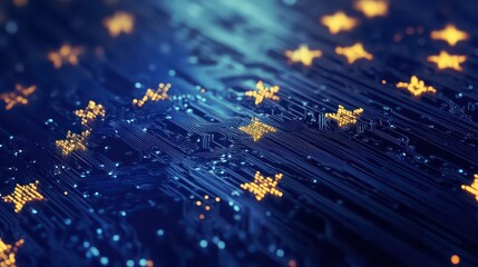 A digital representation of the european union flag with stars and circuit board patterns on a blue background