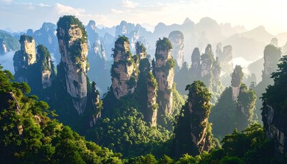 Majestic China sandstone peaks with sunrise.