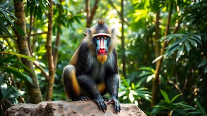 A colorful mandrill monkey sitting on a rock in a lush green forest with dappled sunlight shining through